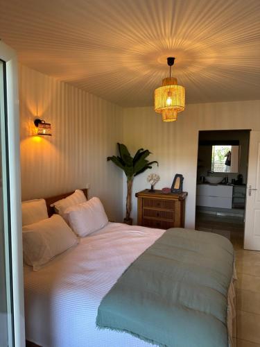 Friar's BayAppartement Saint Martin Friars Bay Sunset Paradise的一间卧室配有一张大床和一个吊灯。