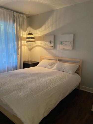 伊斯特曼Chalet KLS Lac D'Argent的一间卧室配有一张床和吊灯