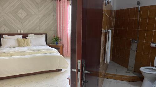 克里比Hotel les Polygones Kribi的一间卧室设有一张床、淋浴和卫生间