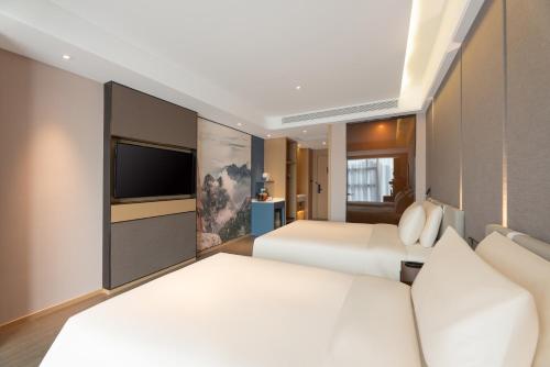 西安西安钟楼永宁里亚朵酒店的一间卧室配有两张床和一台平面电视