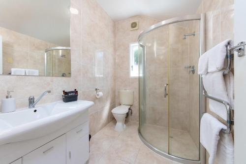 奥克兰阿兰吉汽车旅馆的带淋浴、盥洗盆和卫生间的浴室