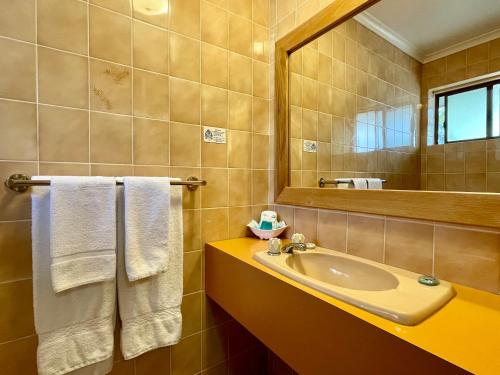 梅林布拉梅林布拉海景汽车旅馆的浴室配有盥洗盆、镜子和毛巾