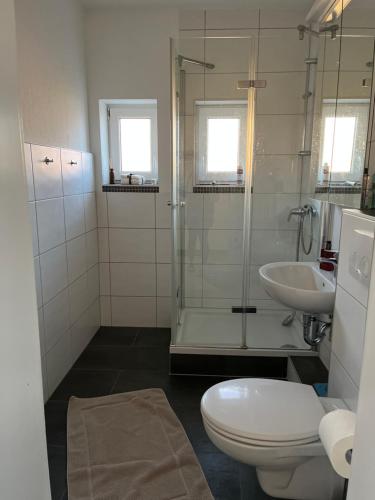 加尔布森Messewohnung/Monteurwohnung的带淋浴、卫生间和盥洗盆的浴室