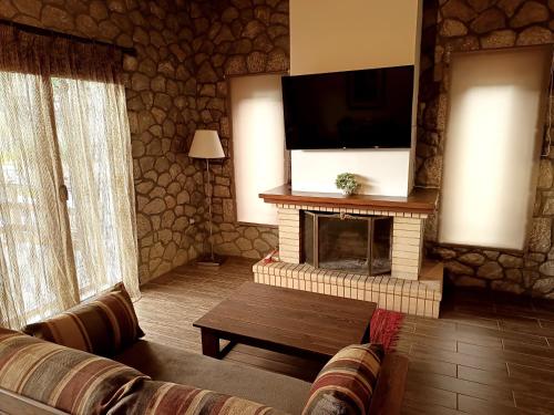 波利兹罗松PS Apartment Polydrosos - PS Rental的客厅设有壁炉和平面电视