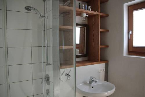 施塔费尔湖畔穆尔瑙Stadtvilla的一间带玻璃淋浴和水槽的浴室