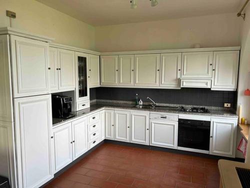 San BartolomeoVilla Casa Camelia in Traumlage的厨房配有白色橱柜和黑色家电