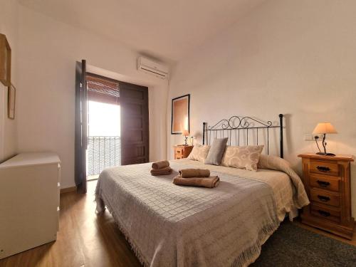 科尔多瓦DS Apartamento en plena Mezquita, con vistas的一间卧室配有一张床,上面有两条毛巾