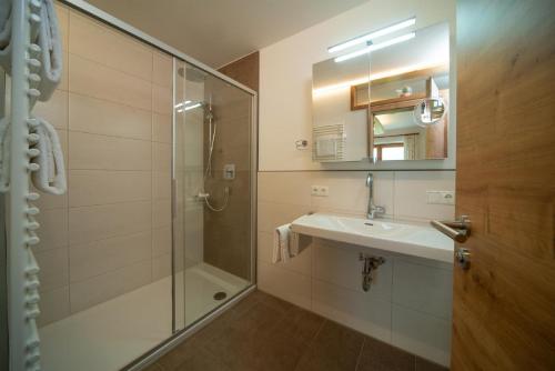 霍普费劳Panoramablick Heimen的带淋浴、盥洗盆和镜子的浴室