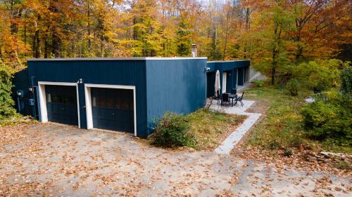 earthship forest exile的蓝色的建筑,树林里设有两个车库门