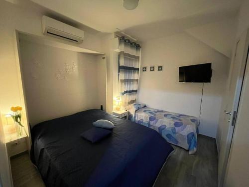 圣贝内代托-德尔特龙托Seafront的一间带两张床和电视的小卧室