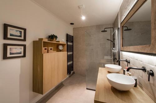 宗奥芬Vakantiewoning 'De Teut'的一间带两个盥洗盆和淋浴的浴室