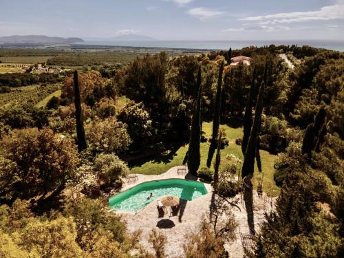 圣温琴佐Boutique Hotel - Poggio ai Santi的享有树木繁茂的游泳池的顶部景色