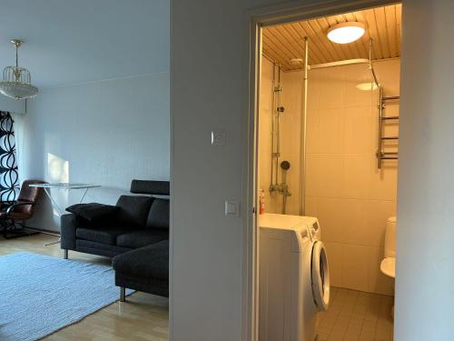 赫尔辛基An entire flat 60m2 with a balcony in Itakeskus of Helsinki的客厅配有洗衣机和沙发。