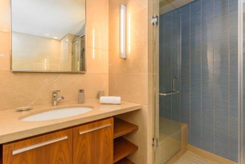 贝鲁特Violin 1 Bedroom Apartment in Solidere的一间带水槽和玻璃淋浴的浴室
