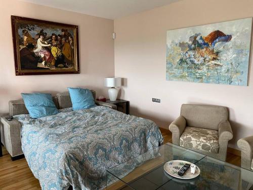 帕劳·萨巴尔德拉studio luxueux的卧室配有一张床,墙上挂有绘画作品