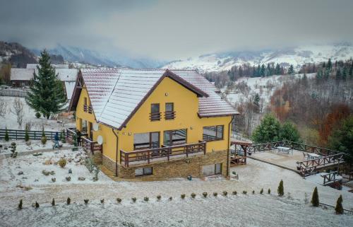 佩什泰拉Transylvanian Views的雪中房屋的空中景观