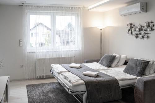 萨尔瓦尔Harmony Apartments Sárvár的一间卧室配有一张床、一张沙发和一个窗口