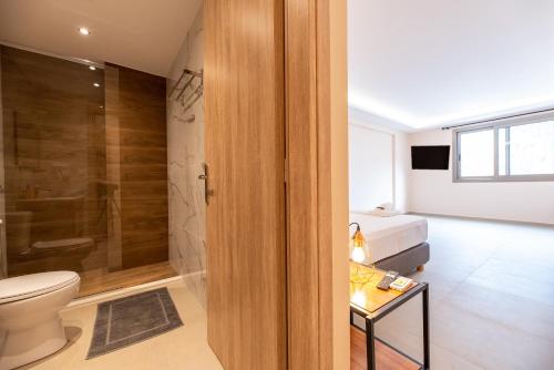斯巴达Mini Suites Free shuttle from and to Athen's Airport的带淋浴和卫生间的浴室以及1张床。