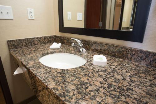 斯普林菲尔德密苏里州斯普林菲尔德德鲁套房旅馆的浴室的柜台设有水槽和镜子