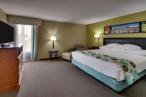 休斯顿休士顿商业街廊德鲁套房酒店的一间酒店客房,配有一张大床和一台平面电视