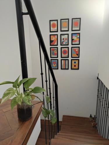 圣米格尔·德·图库玛Dulce Hogar的墙上挂着盆栽和照片的楼梯