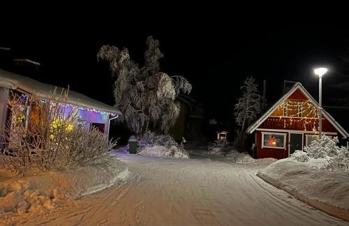 基蒂莱Adorable 1-bedroom cottage/guesthouse in Kittilä的夜晚雪中带圣诞灯的房子