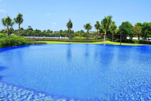 Phước LýWhite Lotus Hotel - Swanbay的一座大型的蓝色海水游泳池,背后是棕榈树