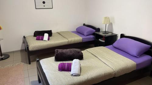 莱斯科瓦茨Dody Apartmani的紫色和紫色枕头的客房内的三张床