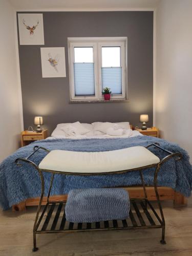 库多瓦-兹德鲁伊Apartamenty & Pokoje pod Gruszą的一张带蓝色毯子的床和两个窗户
