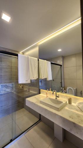 戈亚尼亚Lar no Bueno的一间带水槽、淋浴和镜子的浴室