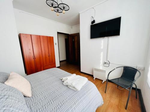 奥索尔诺Nómada Hostel Osorno的卧室配有床、椅子和平板电视。