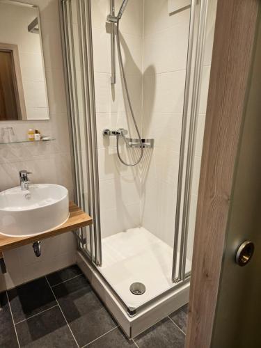 多瑙沃特特劳贝珀斯特酒店的带淋浴和盥洗盆的浴室