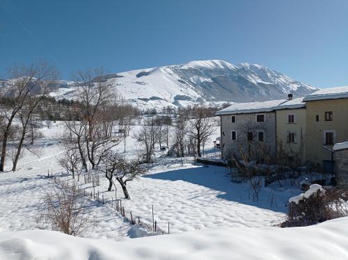 卡拉马尼科泰尔梅Famiglia nel vento的雪中的房子,背景是山