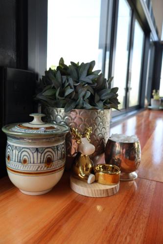克拉伦斯360 Country Hotel的花瓶桌子和植物盆