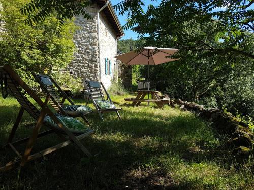 Saint-Fortunat-sur-EyrieuxGîte du Puy的草地上带椅子和遮阳伞的庭院