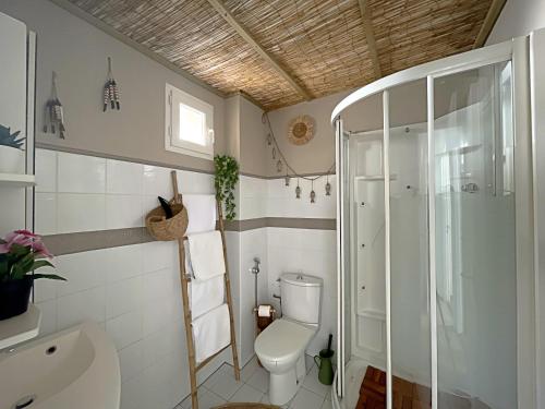 圣马迪拉莫Maison Saintes-Maries-de-la-Mer, 3 pièces, 4 personnes - FR-1-475-112的一间带卫生间和淋浴的浴室