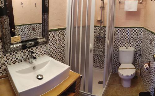 扎哈拉Hostal Rural Marques de Zahara的一间带水槽、淋浴和卫生间的浴室