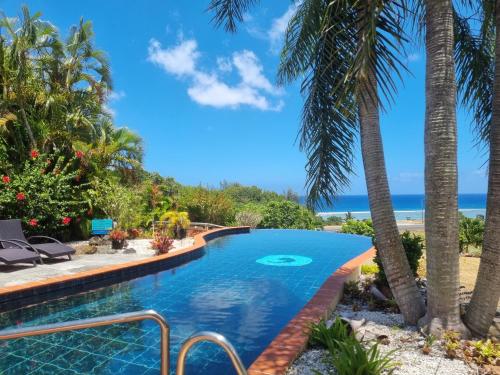 拉罗汤加黑岩别墅的棕榈树和海滩的游泳池