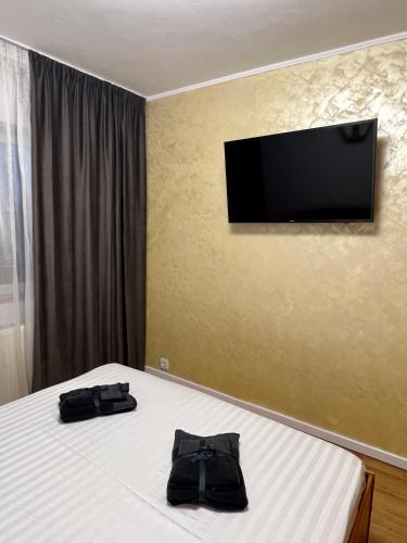 GiurgiuBest Rent Apartments的卧室配有一张床铺,墙上配有电视