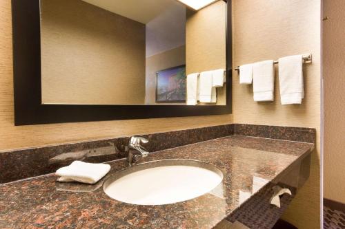 Jackson密苏里州杰克逊德鲁套房酒店的浴室配有盥洗盆、镜子和毛巾