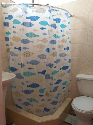 阿里卡Hostal Las Cruces的浴室配有带卫生间的淋浴帘