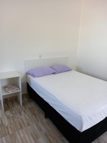 巴西利亚Apartamento Vila Telebrasilia的卧室配有白色床和紫色枕头