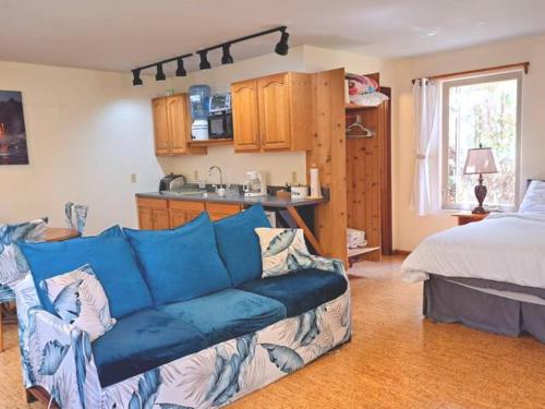 沃尔卡诺Halema'uma'u- Hale Kumu La'au的一间带蓝色沙发的客厅和一间厨房