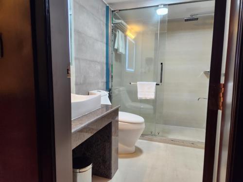 斯里曼加尔乌帕齐拉Paragon Hotel and Resort的浴室配有卫生间、盥洗盆和淋浴。