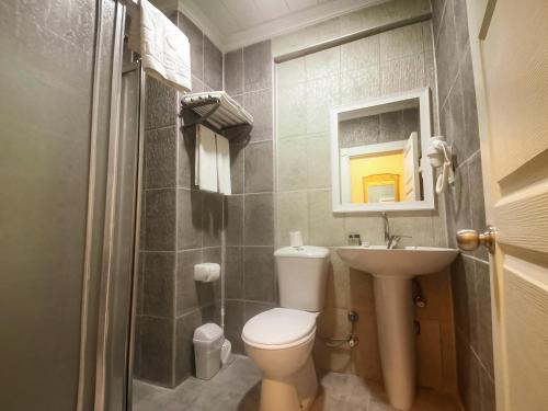 锡德SİDE SPRİNG HOTEL的一间带卫生间和水槽的小浴室