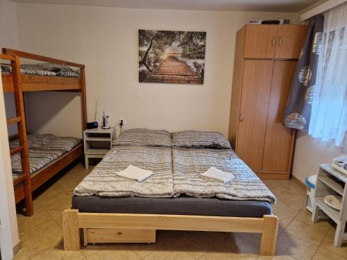 多克西Chatky U Davida Máchovo jezero的一间卧室配有一张床和一张双层床。