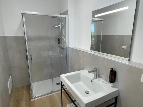 法加尼亚Borgo Terra village的带淋浴、盥洗盆和镜子的浴室