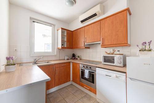 布达佩斯Nova Apartments的厨房配有木制橱柜、水槽和微波炉