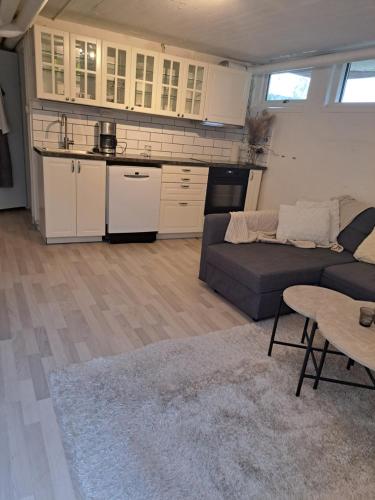 延雪平Lägenhet Huskvarna的厨房以及带沙发和桌子的客厅。