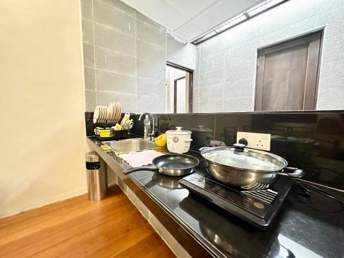 乔治市Madras Inn 58-1 Private Bathroom的厨房在柜台上配有两个锅碗瓢盆